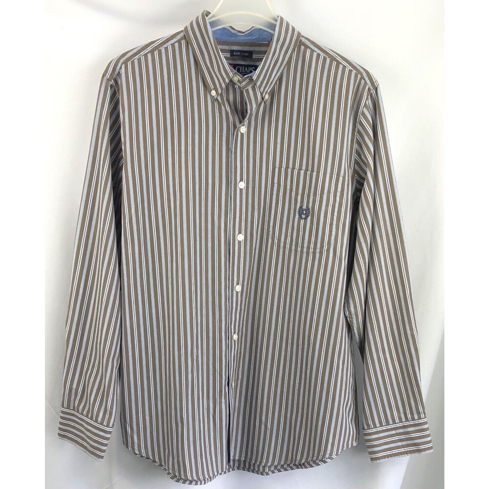 Ralph Lauren Chaps Button Oxford Shirt L Brown Blue Stripe Collar Career Preppy
